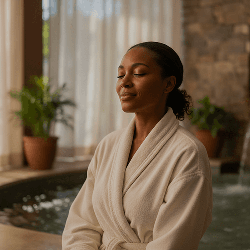 Woman in a white robe beside houseplants, eyes closed