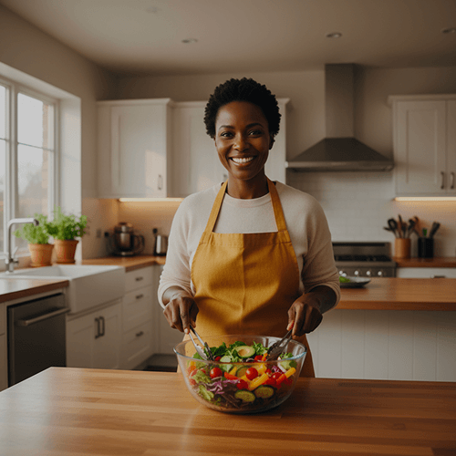 Woman holding a bowl of salad in a bright kitchen