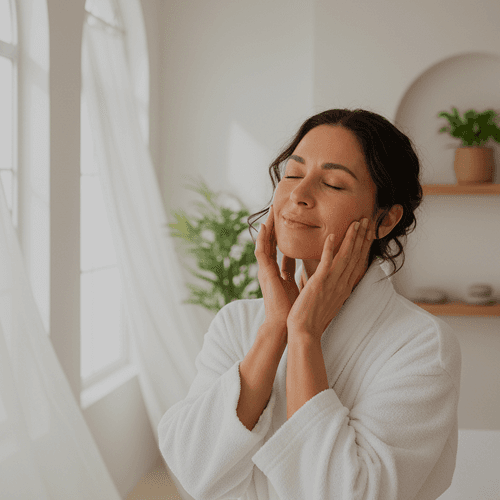 Woman in a white robe touching her cheek by a window