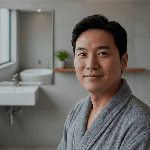 Man in a grey robe in a bathroom