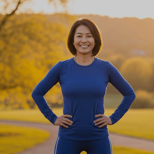 Woman in a blue top standing with hands on hips in an autumn field